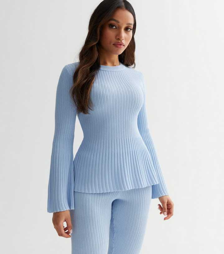 Petite Pale Blue Ribbed Knit Flared Sleeve Top | New Look