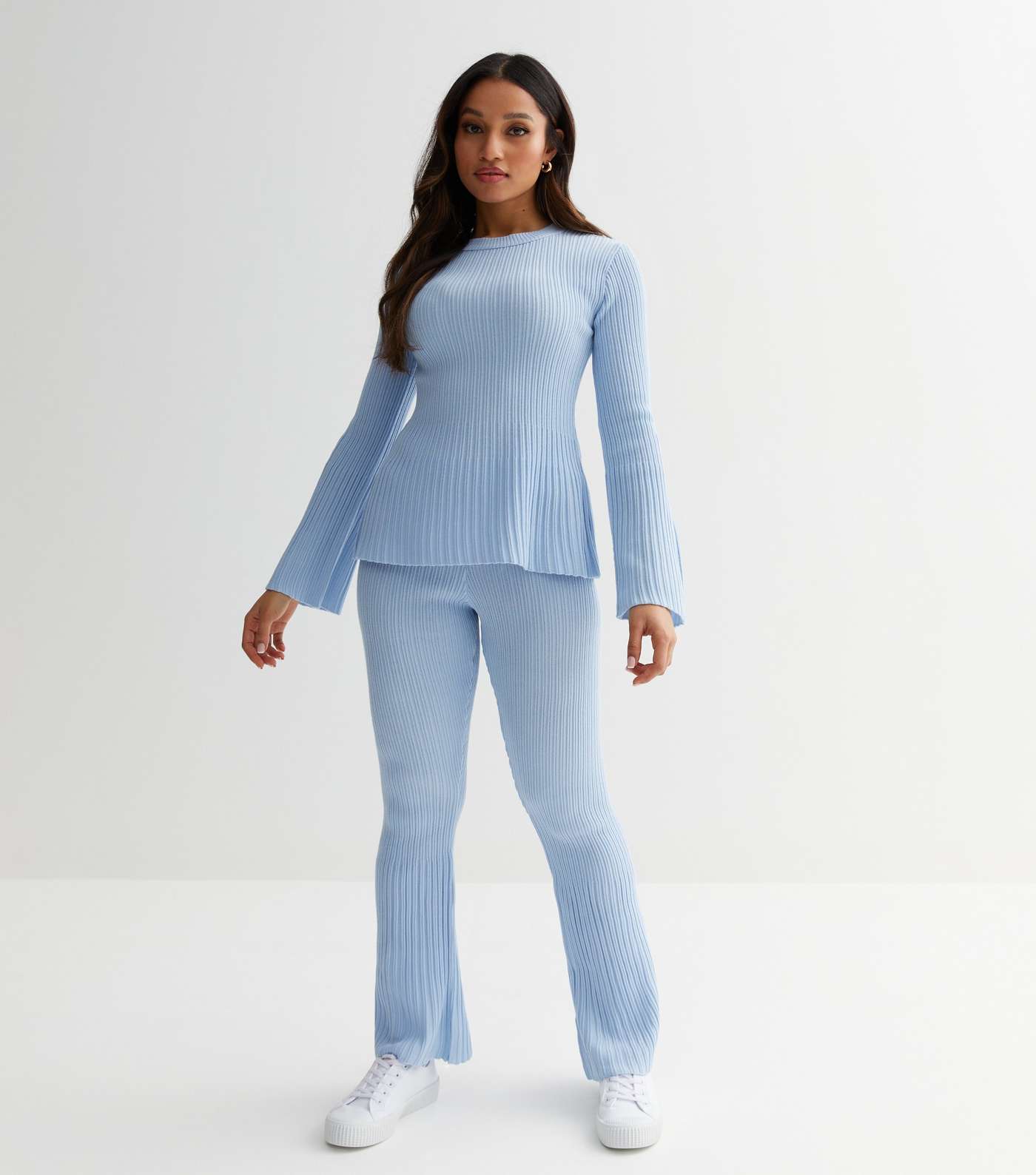 Petite Pale Blue Ribbed Knit Flared Trousers Image 2