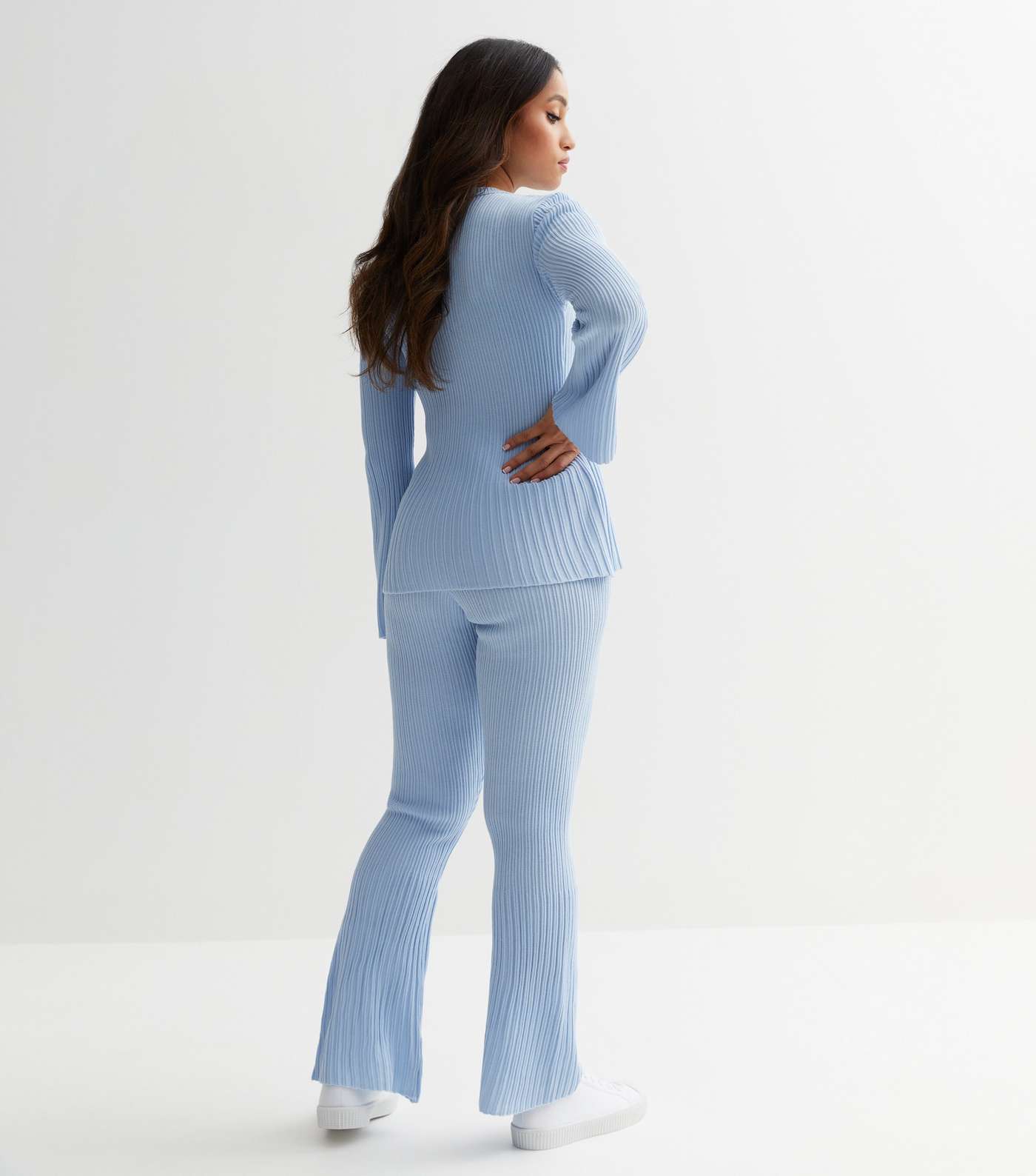 Petite Pale Blue Ribbed Knit Flared Trousers Image 4