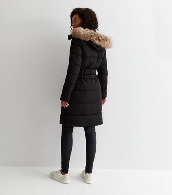 Long black coat on sale with fur trim