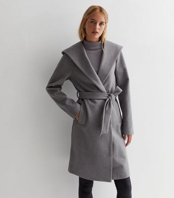Tall Grey Unlined Hooded Belted Coat New Look