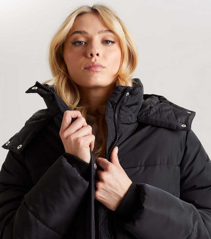 Petite Black Maxi Contrast Hooded Puffer