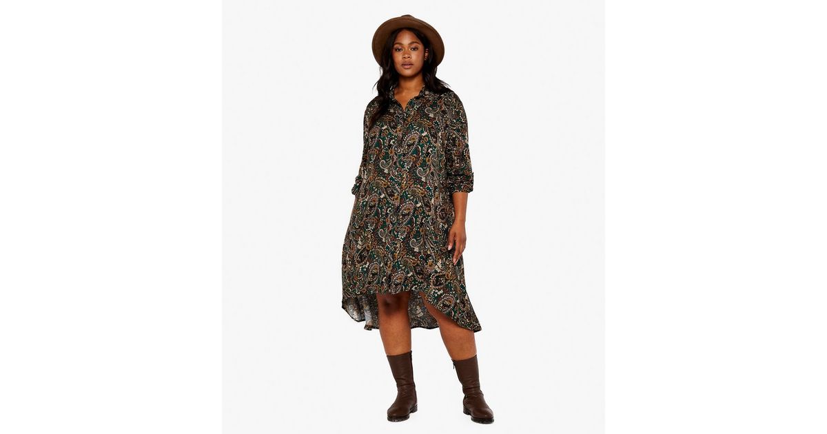 Apricot Curves Green Paisley 1/2 Roll Sleeve Dip Hem Midi Shirt Dress