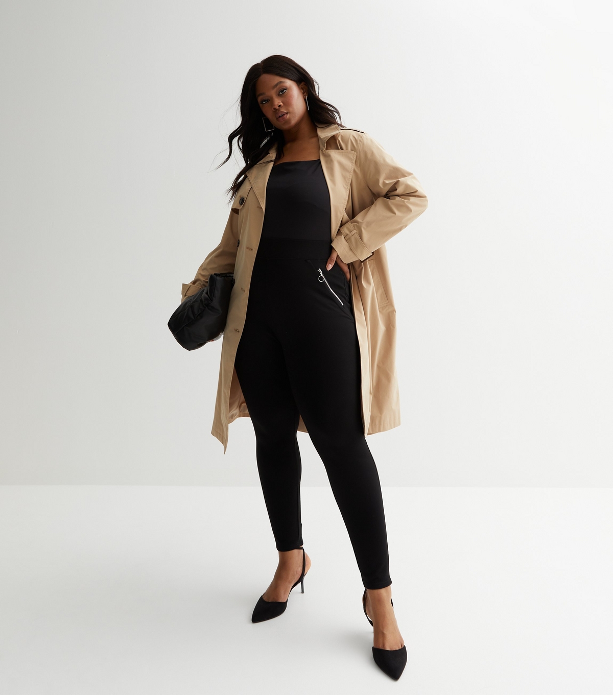 Women's Plus Size Black Zip Ponte Leggings Curves New Look