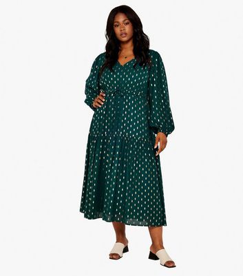 Apricot Curves Green Metallic Spot Long Puff Sleeve Tie Waist Midi Dress New Look