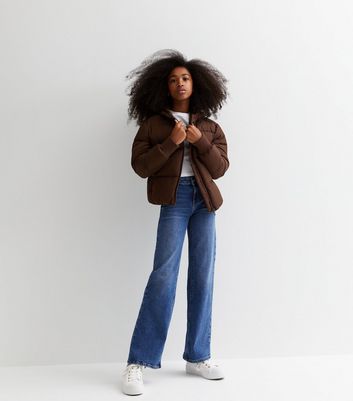 Girls Dark Brown Hooded Puffer Jacket New Look