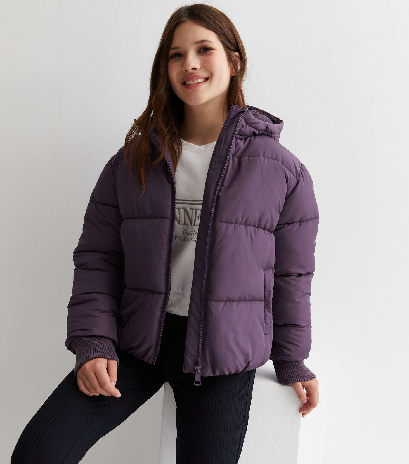 Girls Purple Hooded Puffer Jacket Image 2