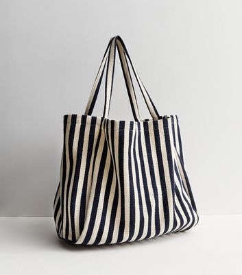 Stripe Leather Tote Bag - Navy