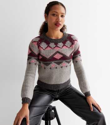 Sunshine Soul Light Grey Geometric Knit Crew Neck Ski Jumper