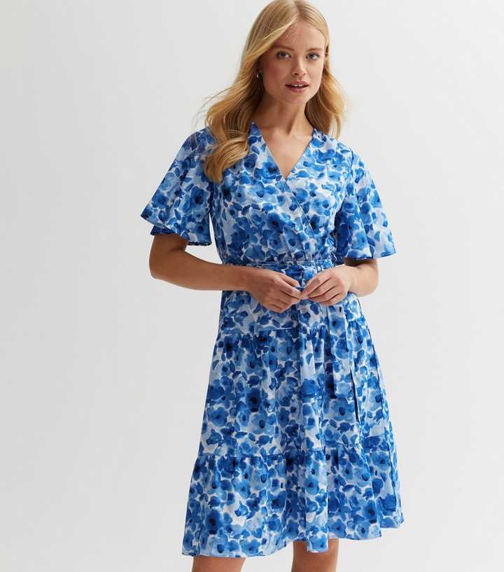 Blue Vanilla Blue Floral Flutter Sleeve Mini Wrap Dress | New Look