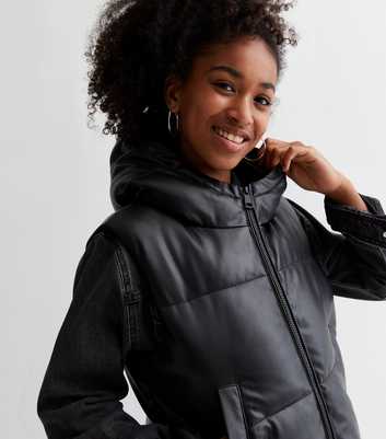 Girls Black Leather-Look Hooded Puffer Gilet