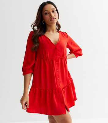 Petite Red V Neck 1/2 Sleeve Button Front Tiered Mini Dress