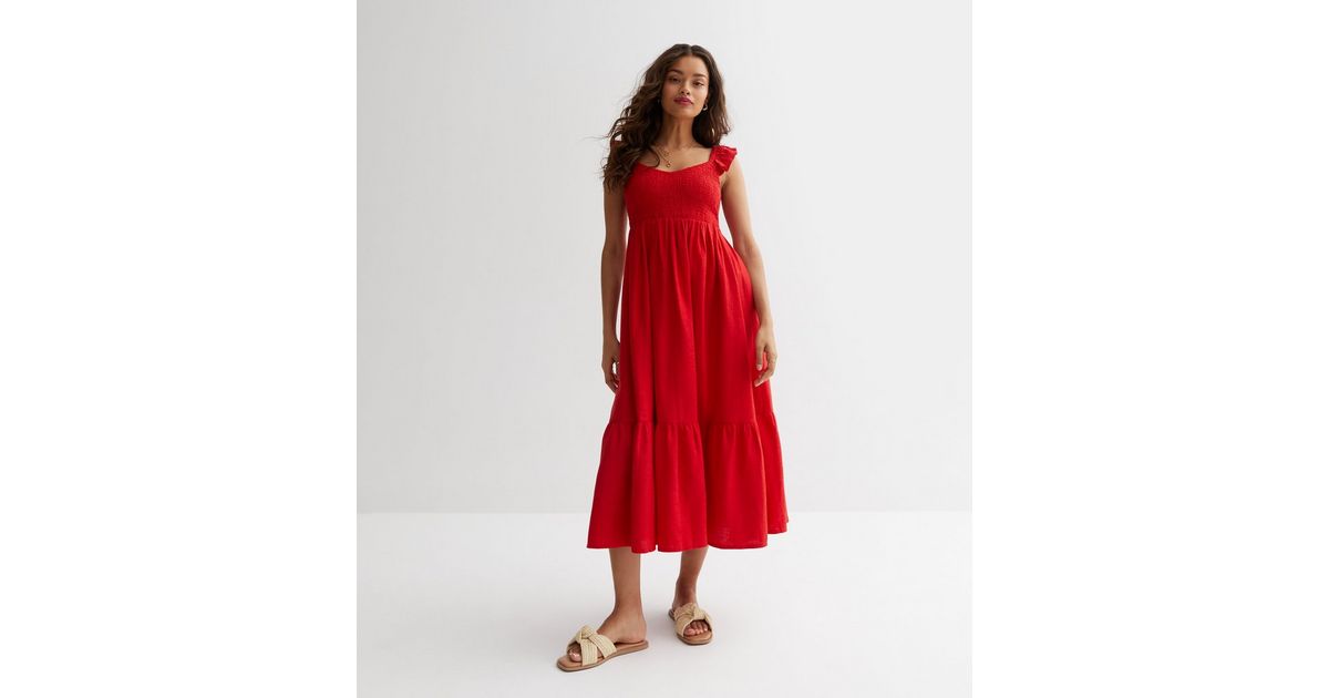 Women Red Frill Sleeves Midi Dress main image 1
