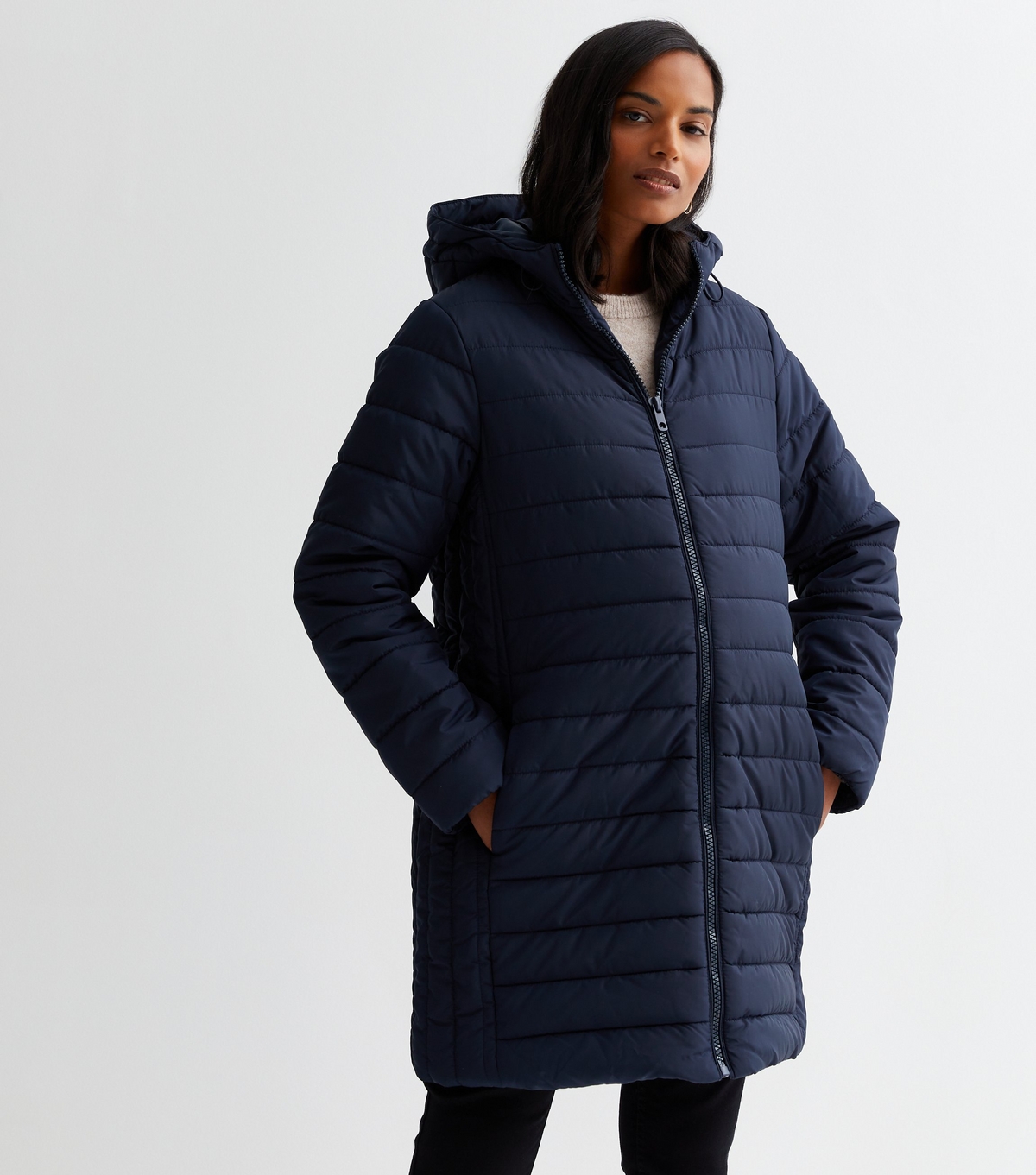 Women's Maternity Navy Hooded Longline Puffer Jacket New Look