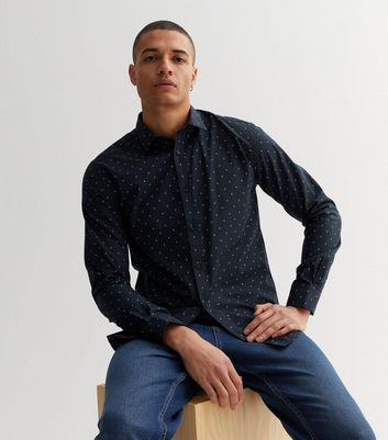 Only & Sons Navy Circle Print Poplin Long Sleeve Shirt