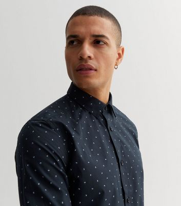 Men's Only & Sons Navy Circle Print Poplin Long Sleeve Shirt New Look
