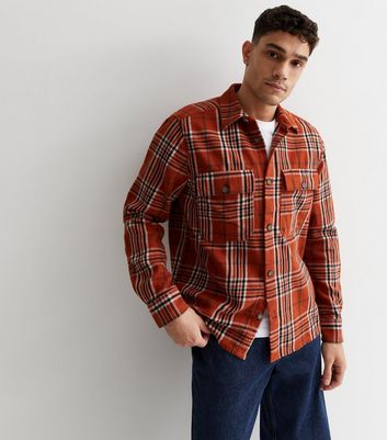 Men's Only & Sons Cotton Rust Check Pocket Front Overshirt New Look