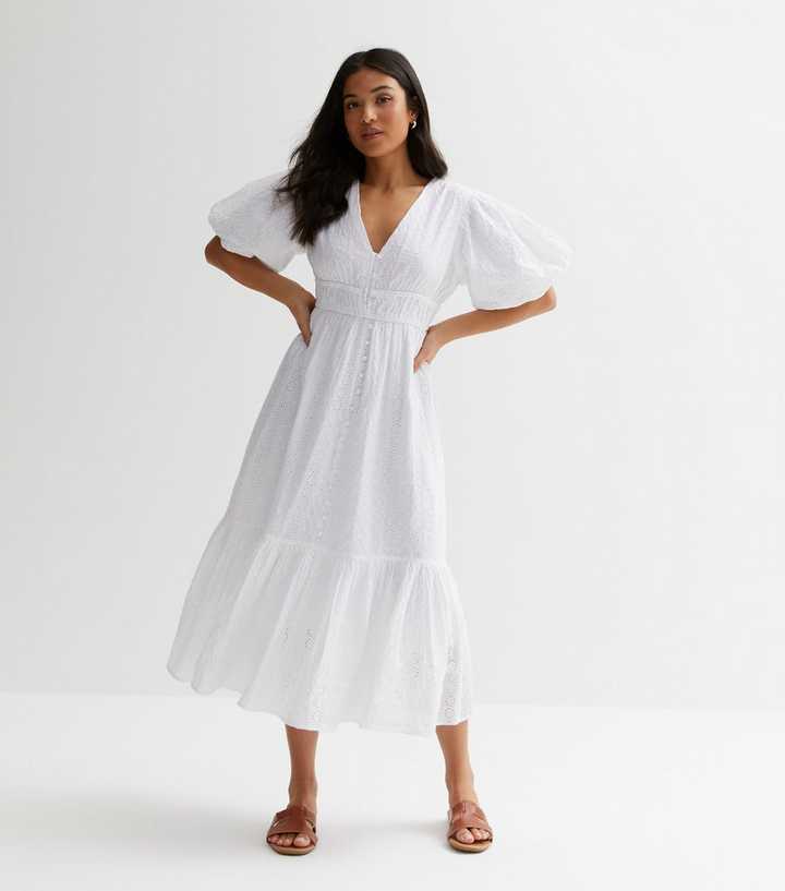 Petite Off White Broderie Button Front Midi Dress