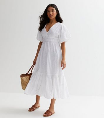 Petite Off White Broderie Button Front Midi Dress New Look
