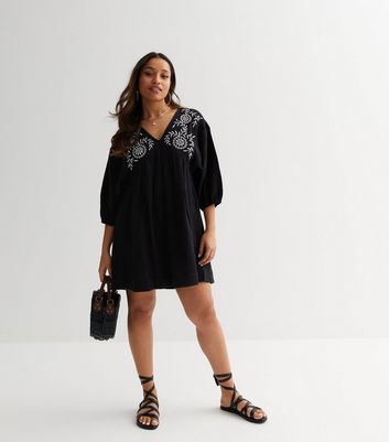 Petite Black Textured Embroidered Mini Smock Dress | New Look