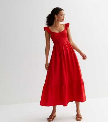 Tall Red Frill Sleeve Midi Dress