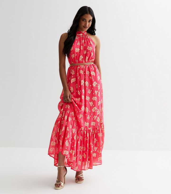 Pink Glitter Floral Tiered Halter Maxi Dress