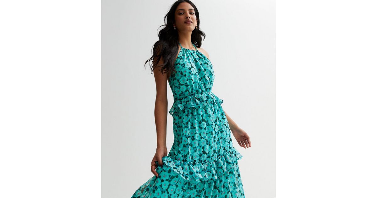Turquoise Floral Halter Tiered Midi Dress | New Look