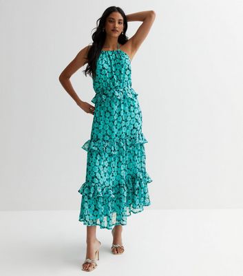 Turquoise Floral Halter Tiered Midi Dress New Look