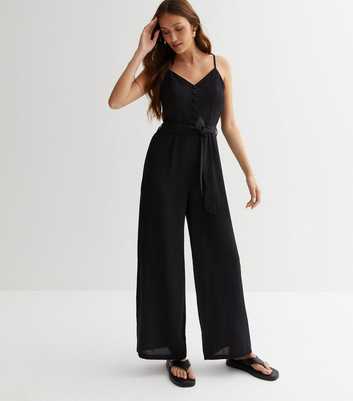 Blue Vanilla Black Button Front Belted Strappy Jumpsuit