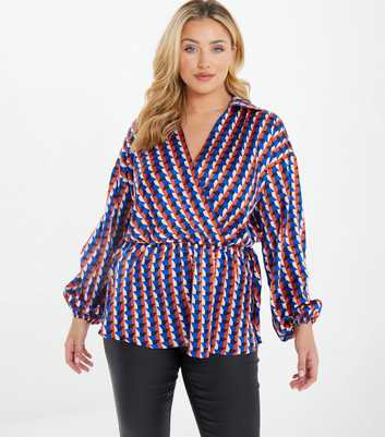 QUIZ Curves Blue Geometric Wrap Peplum Blouse