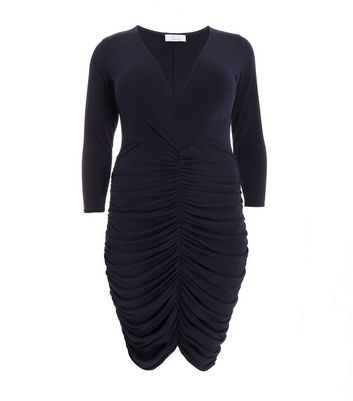 QUIZ Curves Navy Ruched Midi Wrap Bodycon Dress New Look