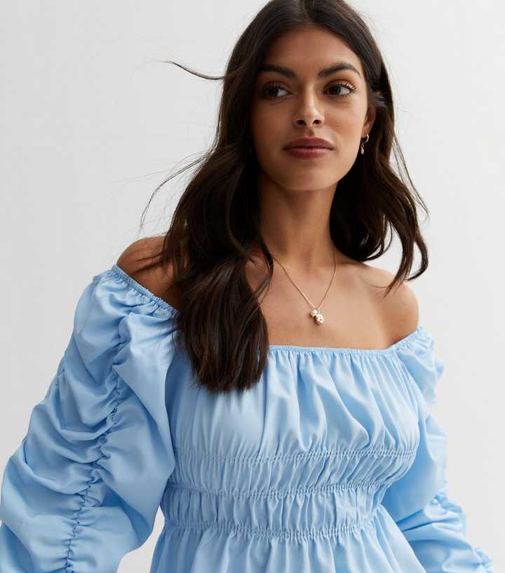 Cropped Puff Sleeve Smocked Top Blue