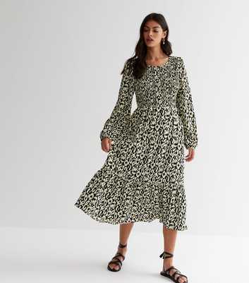 Blue Vanilla Black Animal Print Shirred Long Sleeve Midi Dress