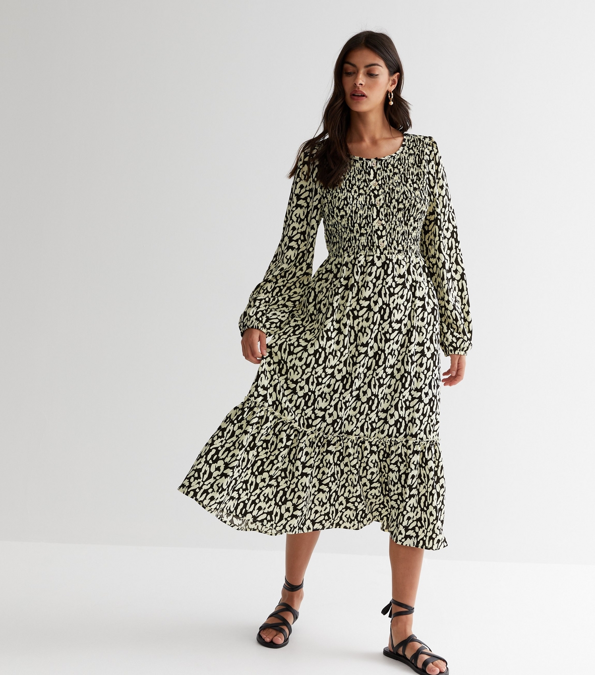 Women's Black Animal Print Shirred Long Sleeve Midi Dress Blue Vanilla New Look