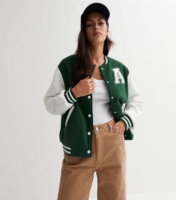 Pink Vanilla Green Crop Varsity Bomber Jacket