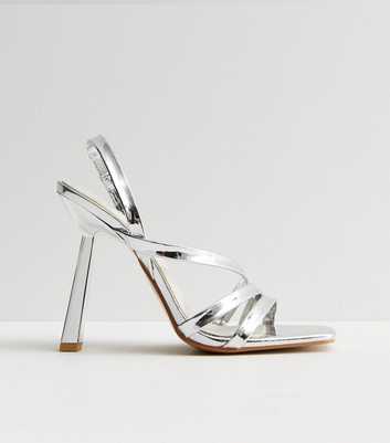 Public Desire Silver Square Toe Stiletto Heel Sandals