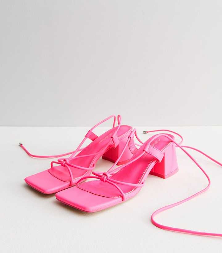 Public Desire Bright Pink Tie Strappy Mid Block Heel Sandals