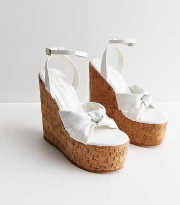 Public Desire White Bow Cork Wedge Heel Sandals
