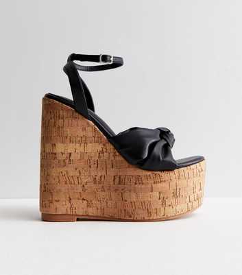 Public Desire Black Bow Cork Wedge Heel Sandals