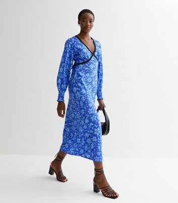 Tall Blue Floral Lace Trim Midi Dress New Look