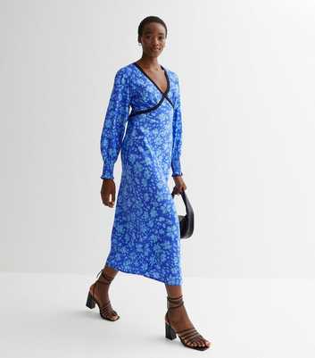 Tall Blue Floral Lace Trim Midi Dress