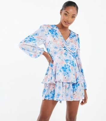 QUIZ Pale Blue Floral Twist Front Playsuit