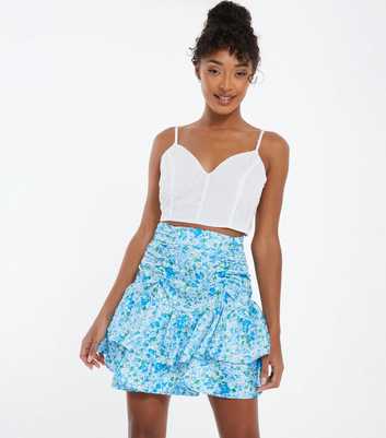 QUIZ Pale Blue Floral Frill Mini Skirt