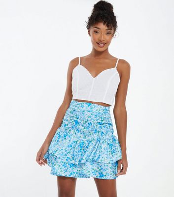 QUIZ Pale Blue Floral Frill Mini Skirt | New Look