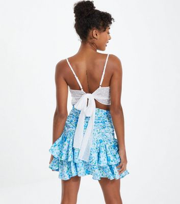 QUIZ Pale Blue Floral Frill Mini Skirt New Look