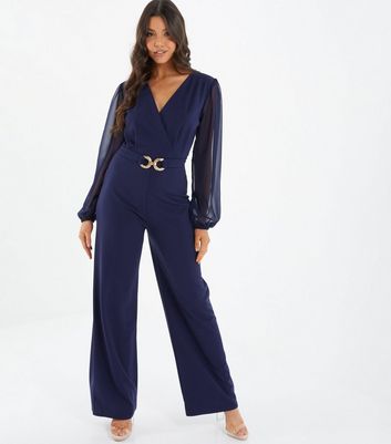 QUIZ Navy Belted Wide Leg Wrap Jumpsuit | New Look