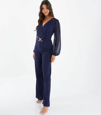 QUIZ Navy Belted Wide Leg Wrap Jumpsuit | New Look