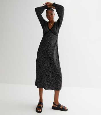 Tall Black Polka Dot Lace Trim V Neck Midi Dress