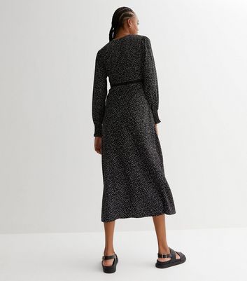 Tall Black Polka Dot Lace Trim V Neck Midi Dress New Look