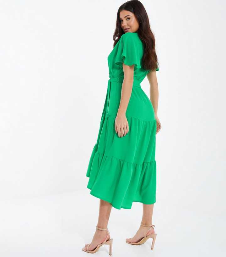 QUIZ Green Tiered Midi Wrap Dress - Main Image